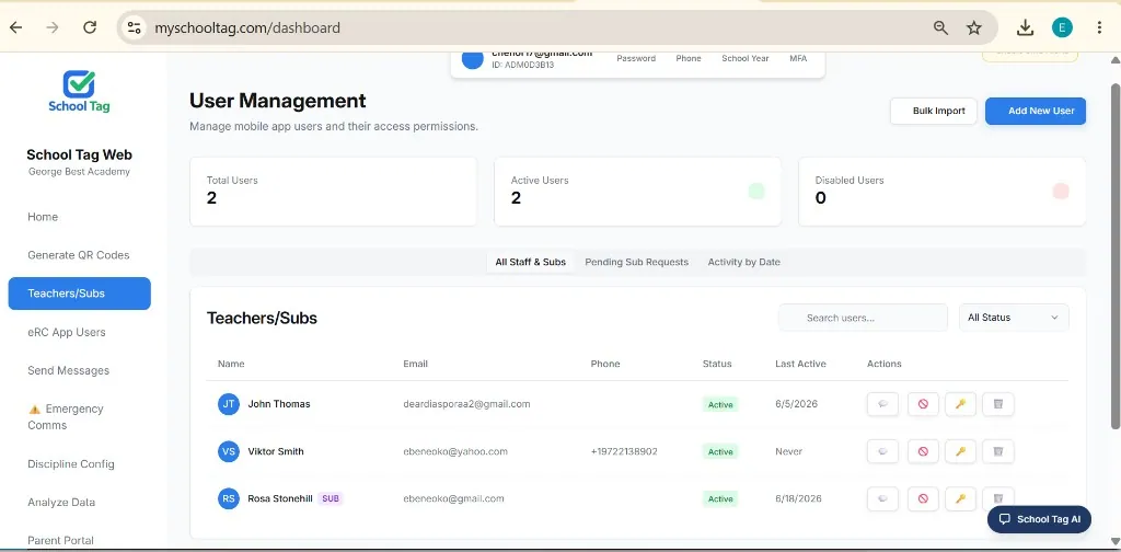 School Tag web User Management screen for staff and substitutes