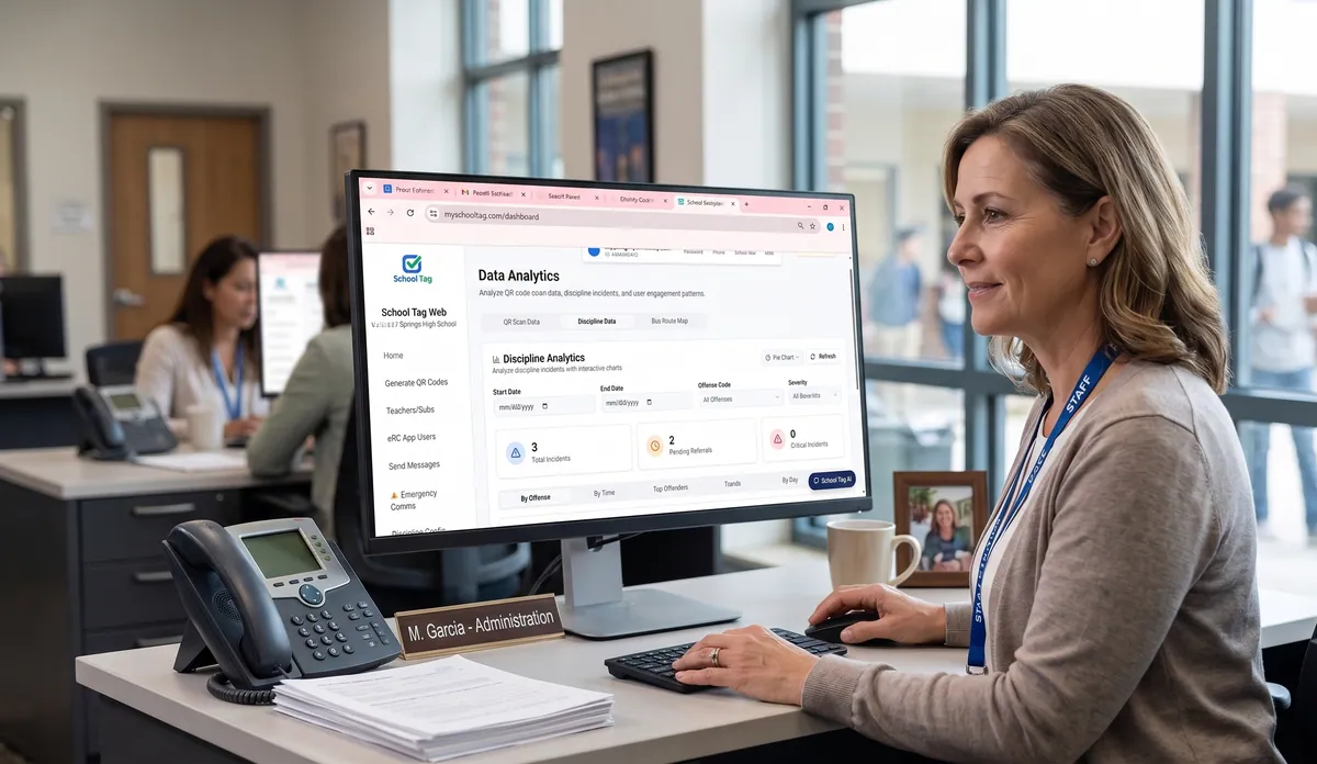 School front office staff member reviewing discipline analytics on the School Tag dashboard