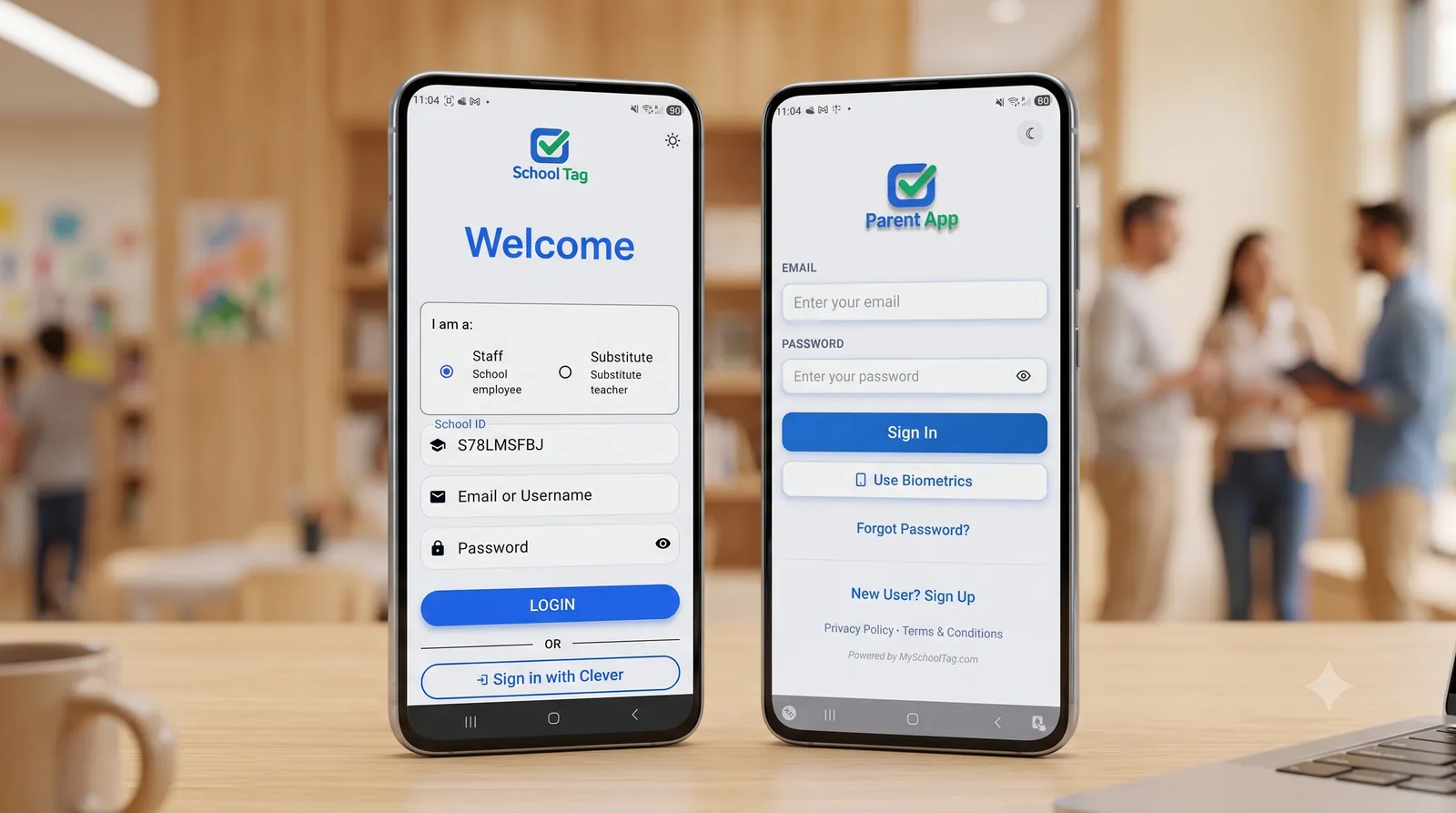 School Tag staff app and parent app login screens shown side by side on two smartphones